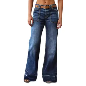 Women’s vintage washed high-waisted slim wide-leg jeans distressed loose casual flared pants