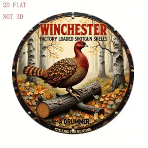 Winchester Factory Shotgun Design Metal Wall Art - 8 Inch Round Rustic Aluminum Farmhouse Decor with Autumn Forest Turkey on Log