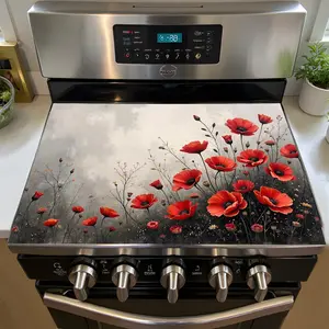 1 piece electric stove petal stove top cover - heat-resistant, non slip glass stove protector, designed with red morning glory flowers and green leaves, dishwasher drying mat for Household kitchen decoration, stove protector