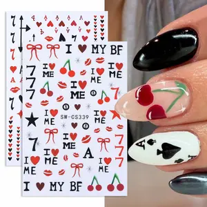 2 Sheets Valentine's Day Heart 3D Nail Stickers, Poker Ace Cherry Prints Lip Print Bow Pattern DIY Nail Art, Suitable for Women and Girls