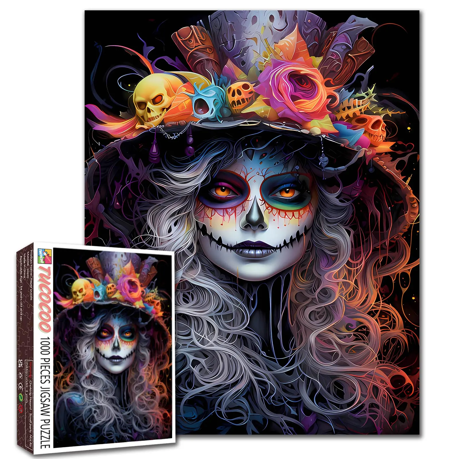 Tucocoo Dark Fantasy Skull Lady Art 1000 Pieces Jigsaw Puzzle for Adult, neon color skull crown detailed catrina face dramatic contrast, mindfulness puzzle relaxing hobby brain training family fun decorative wall art gift idea 27.5x20inch 70x50cm