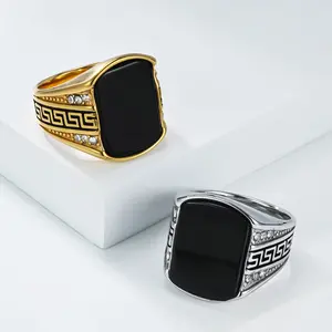 Vintage Great Wall Pattern Black Gemstone Titanium Steel Ring Men's Personality Fashion Knuckle Ring with Gold & Silver Options