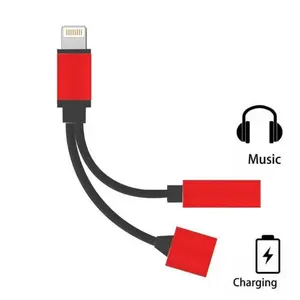 Kik_2 in 1 Bluetooth WIRED IP Lighting to Earphone Headphone Jack Adapter with Charge Port for Apple iPhone (Red) Headset Plug