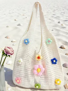 Off-white tote bag with colorful flowers, hollow knit shoulder bag, casual beach and everyday tote bag for women