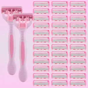 Pink 1 Handle + 36 Blades / 2 Handles + 36 Blades - Women's All-in-One Manual Razor for Underarms & Bikini Line, Hair Removal & Trimming Tool, Body Care