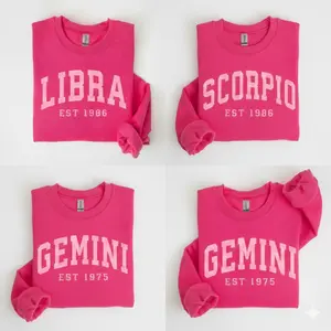 Custom Pink Zodiac Sweatshirt with Est Year, Personalized Astrology Crewneck, Birthday Horoscope Gift, Custom Birth Year Pullover, Cute Unisex Zodiac Sign Sweater 2026