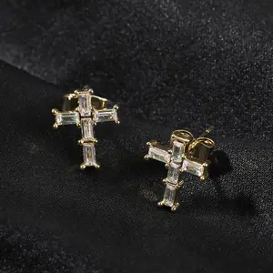 Vacuum Plated Copper with 5A+ Sri Lanka Zircon Step-Cut Cross Stud Earrings (Unisex) With Earring Miami Italy Mexico & Micro Inspired for Women & Men Luxury Jewelry,Daily Wear,Casual Fashion,Gift,Chicano,Classic,Hip Hop,Simple