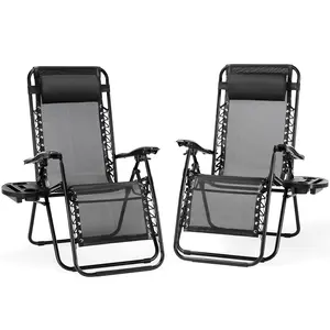 【Deal】Outdoor Zero Gravity Chairs, Set of 2 Portable Recliner Beach Camping Patio Outdoor Folding Lounge Chair with Cup Holder Trays and Adjustable Pillow