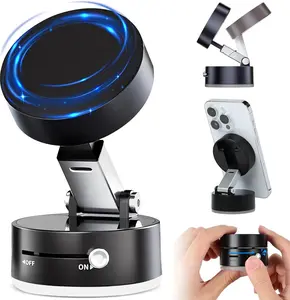 Vacuum Magnetic Suction Phone Holder, Magnetic Suction Phone Mount, 360°Rotatable Vacuum Magnetic Phone Stand, Foldable and Retractable Double-Sided Magnetic Phone Holder for All Phones (Black)