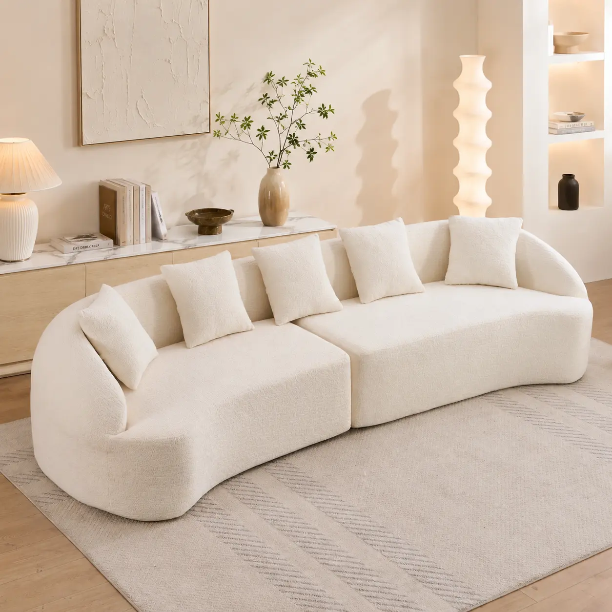 110" Curved Modular Multiple-Seat Sectional Sofa - Compression-Packed No-Frame Cloud Couch, High-Density White Foam, Chenille Fabric, Sleeper Convertible for Living Room, Apartment, Multiple Seats, Convertible Sofa Bed