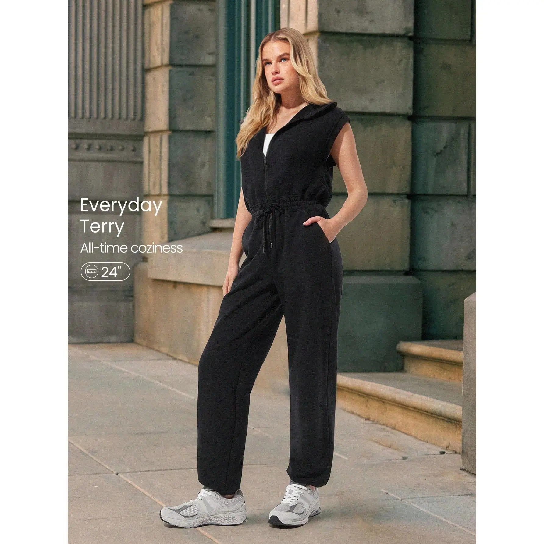 GLOWMODE 24" Everyday Terry Glow Hero Soft Sweat-Wicking Front Zipper Adjustable Drawstring Waist Back Pockets Ribbed Hem Hoodie Jumpsuit