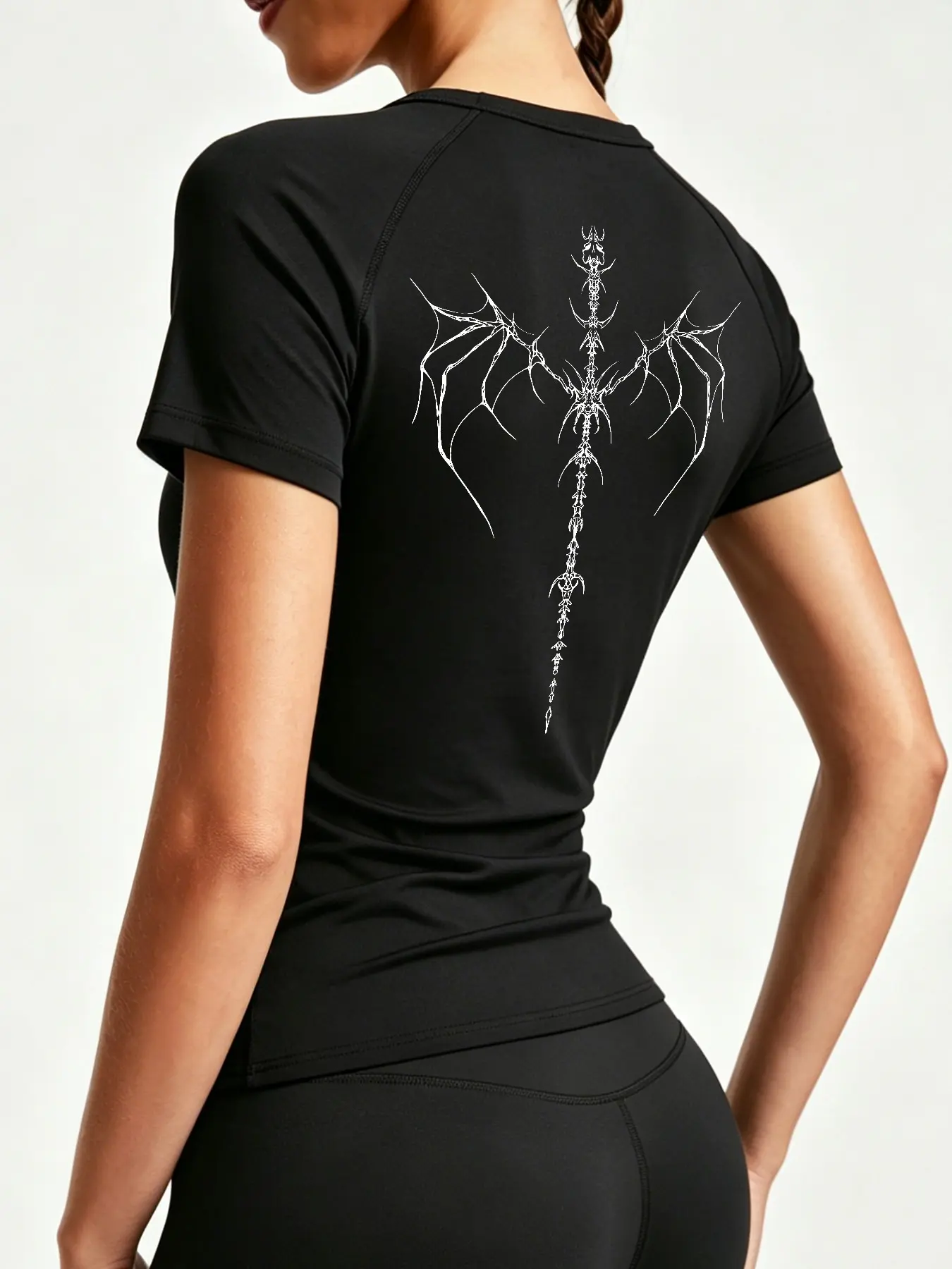 Y2K Gothic Style Bat Skeleton Print Women's Short Sleeve Sports Top, Summer Quick-Dry Breathable Stretch Yoga Running Workout Shirt, Fitness Sport Top