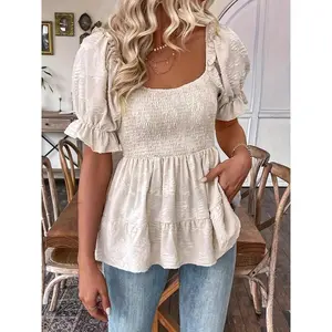 Women’s textured pleated shirt with fluffy sleeves, a square neckline, and short sleeves—an elegant casual piece for spring and autumn, cute everyday wear, woven women’s apparel by GARMENTARY