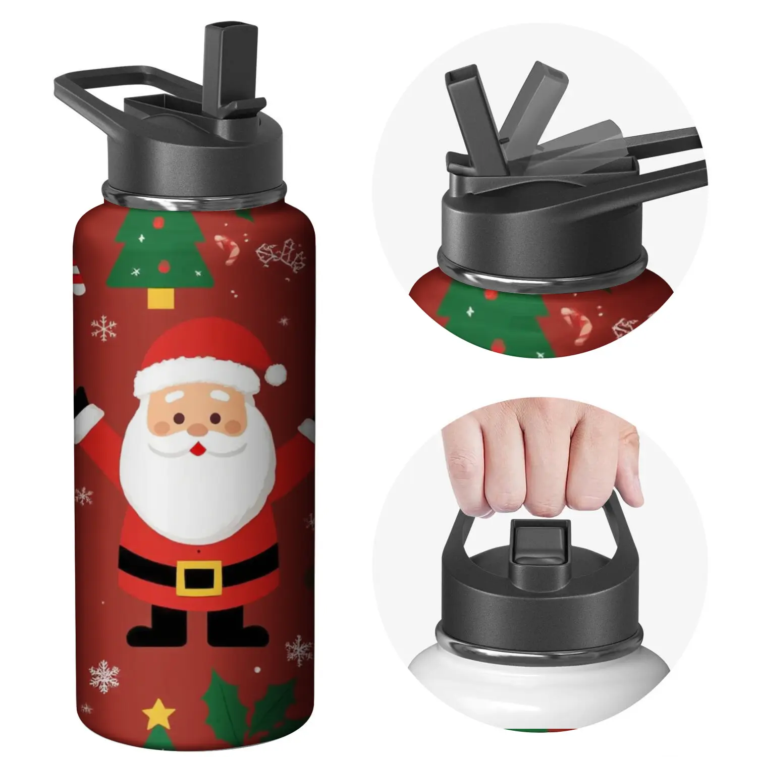 Christmas Water Bottle with Flip Lid - Red Santa Claus and Christmas Tree Print - Holiday Party, Outdoor, Travel Use