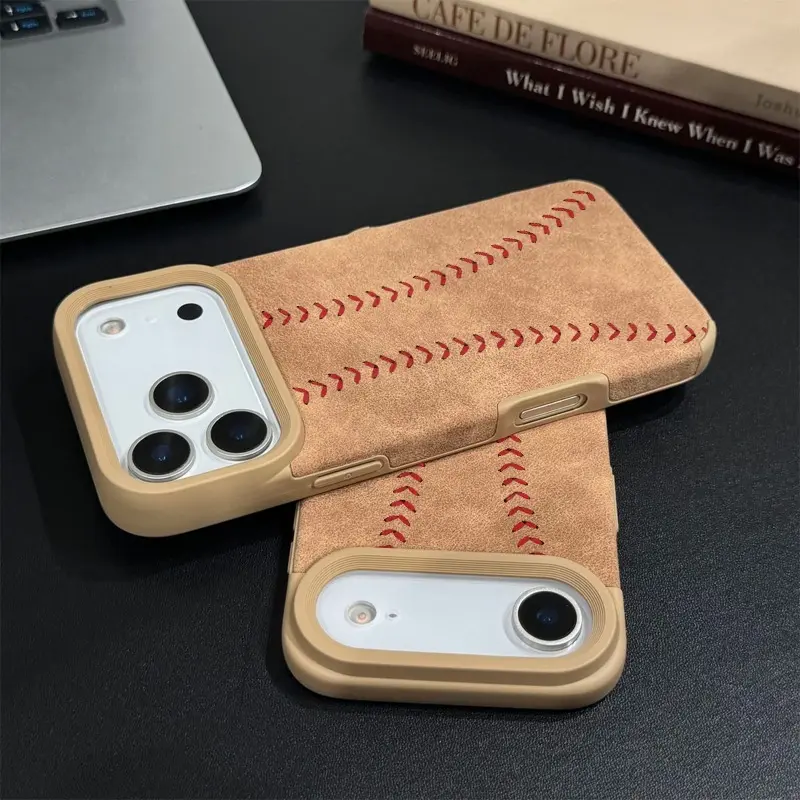 Premium Leather Smartphone Case - Brown Baseball-Themed, Shockproof Drop-Resistant, iPhone 13-17 ProMax Plus Compatible, Men's Ideal Gift, Phone Protection Accessories (HM159)