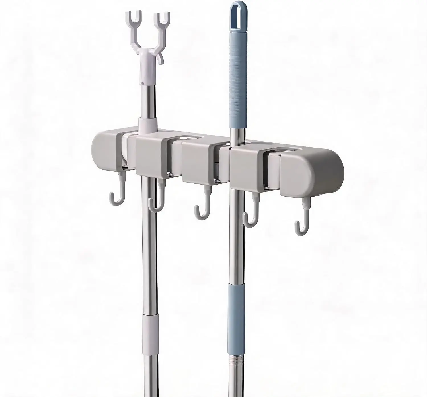 Wall Mounted Mop and Broom Organizer - Heavy Duty Storage Rack with 4 Racks & 5 Hooks - Space-Saving Holder for Kitchen, Garage, Garden, Bathroom, Laundry Room