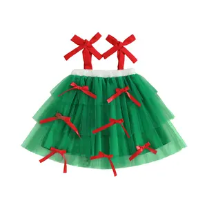Toddler Baby Girl Christmas Dress 3D Bow Decorative Sleeveless Tie Shoulder A-Line Mesh Tutu Dress Toddler Girl Christmas Outfit Fall Winter Clothes