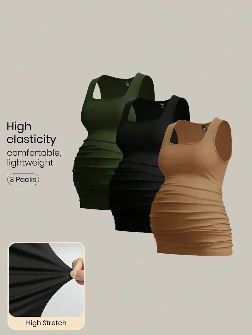 Maternity Slimming Tank Tops, 3-Pack Solid Color Basic Stretchy Pregnancy Shirts