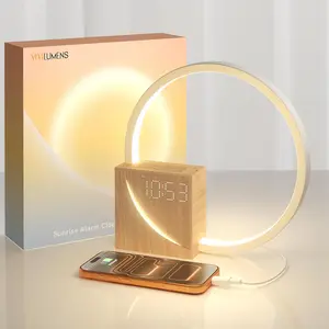 Sunrise Alarm Clock Wake Up Light - 3-Level Dimmable Touch Lamp with White Noise & 10 Sounds - Dual Alarm Snooze - USB Charging Port - International Warranty Home Decor Light Wood-Knob Version