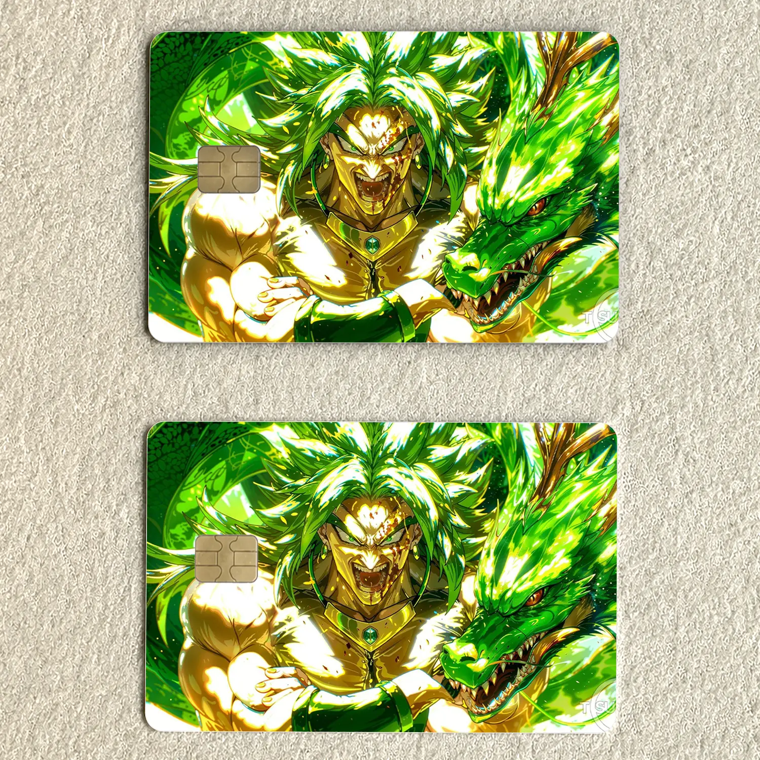 Green Anime Warrior & Dragon Card Skin, Legendary Power Credit Debit Card Sticker, Dragon Battle Card Cover, Anime Inspired Wallet Accessory