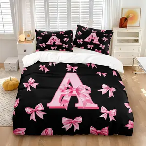 Coquette Aesthetic Black Pink Bow Duvet Cover Set, Include One Cpmforter Cover and 1/2 Pillowcases, Cute Letter A-M Initial Print Quilt Cover, Preppy Room Decor Bedding