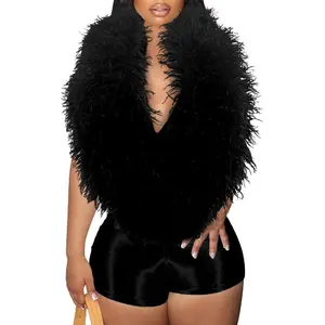 Tbahhir Womens Halter Backless Jumpsuits Sexy V Neck Feather Bodysuits Sleeveless Shorts Romper Club One Piece Outfits