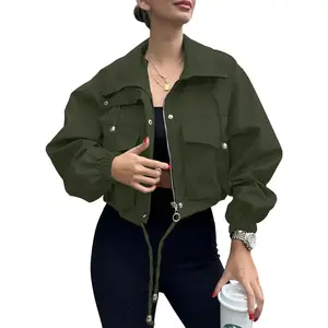 Womens Cropped Bomber Jacket Lightweight Military Fall Utility Safari Zip Up Anorak Coat with Pockets