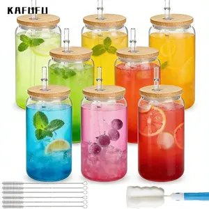 KAFUFUHOME 8-Pack 16oz Reusable Lightweight Single-Wall Plastic Water Bottles - Bamboo Lids, Straws, Cleaning Kit, Leakyproof Travel-Friendly Straw Portable Cup for Easter Picnic, Everyday Hydration, Straw Portable Bottle