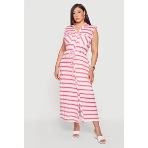 Plus Size Striped Tie Waist Belted Button Front Shirt Dress