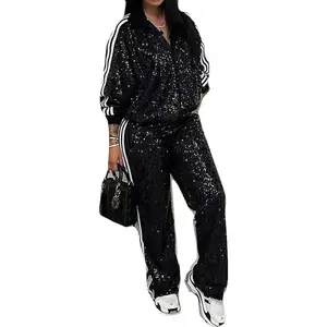 Womens 2 PCS Sequins Zipper Jackets Bodycon Pants Sexy Nightclub Party Tracksuit Outfits Sweatsuit Set