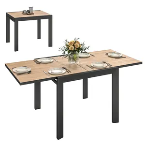 Expandable Outdoor Dining Table – 35.5" to 71" Long. Seats 4-6. Rustproof Aluminum. Slatted Wood Grain Top Resists Water. Adjustable Foot Pads. Natural