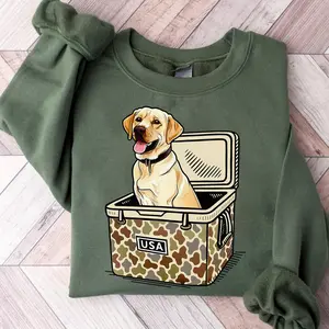 Hunting Yellow Lab Dog Cooler USA Camo Unisex Sweatshirt, Country Dog Summer Outdoors Lovers Tee, Southern Pup, Camping & Fishing Shirt