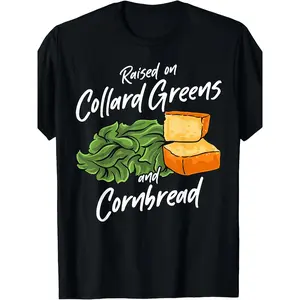 Men's & Women's Southern Food Collard Greens & Cornbread T-Shirt - 220gsm Heavyweight Pure Retro Vintage Tee with Southern Cuisine Graphic, Casual Round Neck Shirt for BBQ, Picnic, Casual Attire