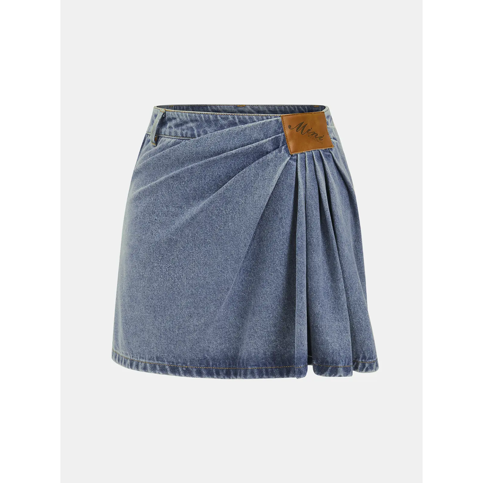 Women's Asymmetric Pleated Denim Mini Skirt - Women's Bottom, Jean Skirts, Denim Fabric Short Skirt, Basic
