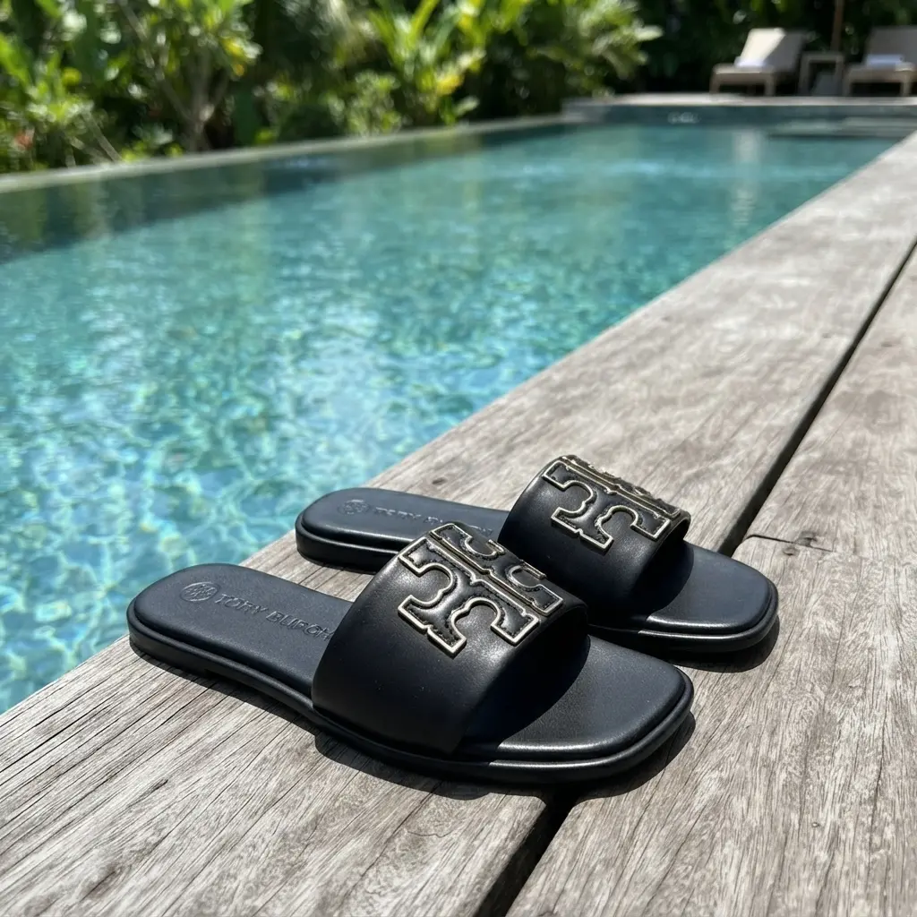 Women’s Flat Slide Sandals, Open Toe Slip-On Poolside Beach Shoes, Wide Strap Casual Summer Vacation Footwear