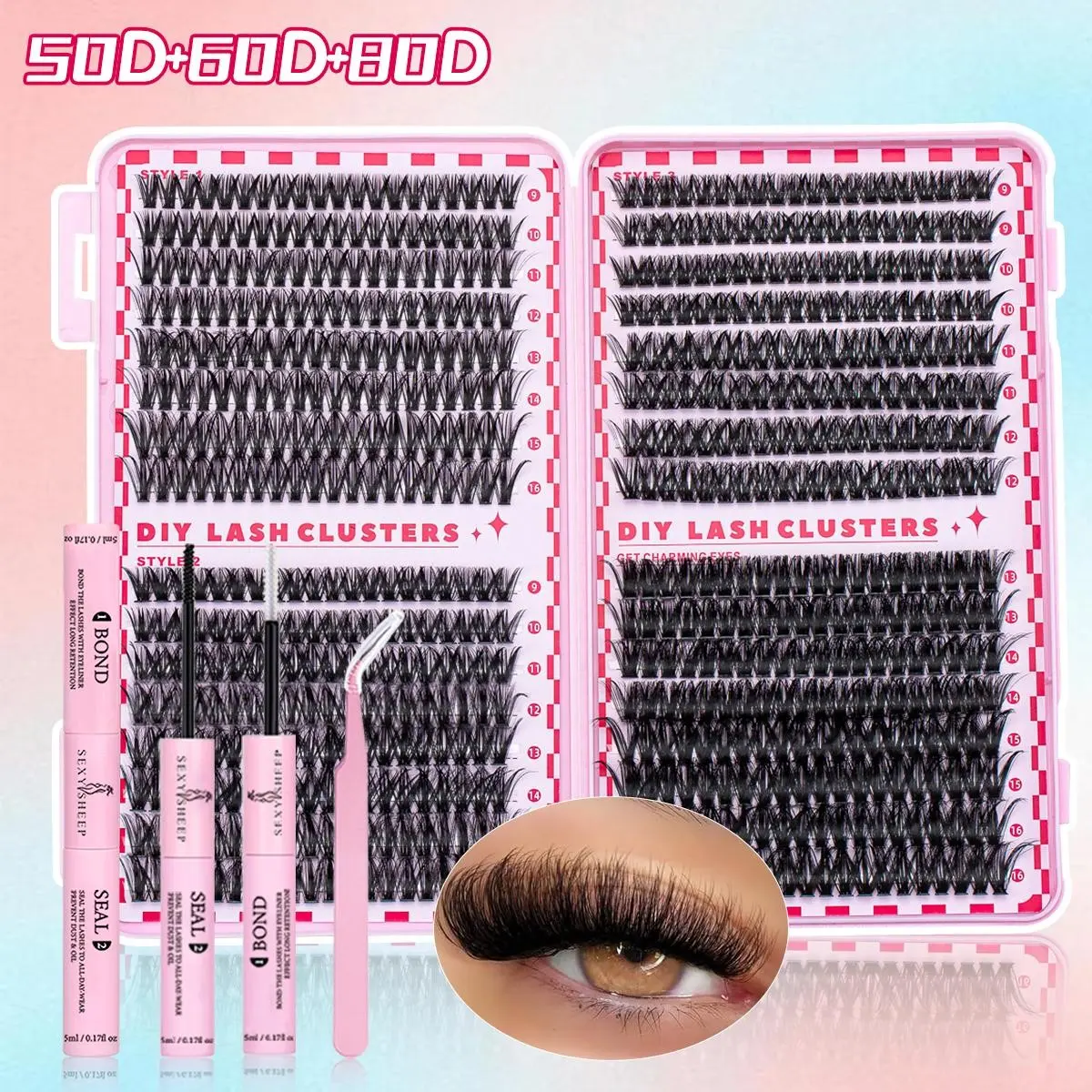 Lash Clusters Kit, 640 Pcs Eyelashes Clusters Extensions Kit 9-16mm Individual Lashes D Curl Wispy False Eyelashes Thin Band, with Bond Seal Tweezers DIY Makeup Use (20D+30D+40D+50D+60D+80D Kit 9-16mm) Mix Lash Kit