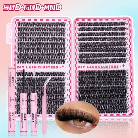 Lash Clusters Kit, 640 Pcs Eyelashes Clusters Extensions Kit 9-16mm Individual Lashes D Curl Wispy False Eyelashes Thin Band, with Bond Seal Tweezers DIY Makeup Use (20D+30D+40D+50D+60D+80D Kit 9-16mm) Mix Lash Kit DIY Makeup Cosmetic