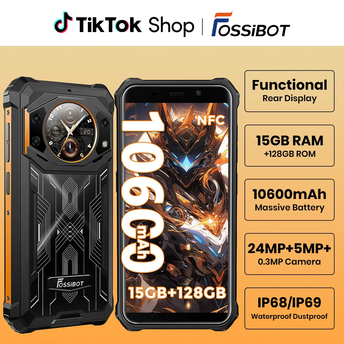 FOSSIBOT F101 Pro Rugged Smartphone Unlocked, Dual Screen 10600mAh Battery 15+128GB Storage MTK8788 Octa-cora Processor 24MP+8MP+5MP Camera 5.45” HD+ Screen Android 13 IP68/IP69K 4G Dual SIM NFC OTG | Dual Screen&10600mAh