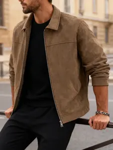 Men's Casual Stand Collar Jacket, Zipper Closure, Faux Suede Fabric, Fashionable Simple Elegant Style, Easy Care