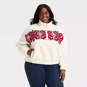 Women's High Pile Fleece 1/2 Zip Pullover Jacket - All In Motion Cream/Red 4X