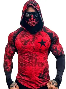 New professional sunscreen men's long-sleeved hoodie, red and black old skull star mask hooded sunscreen, outdoor quick-drying breathable mask integrated long-sleeved T-shirt