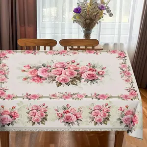 1pc Retro Flower Farmhouse Style Tablecloth - Pink Rose, Perfect for Mother Room, Interior Use and Outdoor Patio, Picnic and Party Necessities, Flower Table Arrangement, Table Decoration