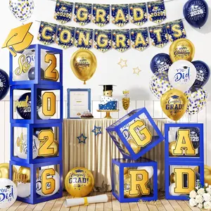 Blue and Gold Graduation Party Decorations, Grad Balloon Boxes with Letters 2026 GRAD So Proud of You, Grad Balloons and Banner Decorations for Class of 20