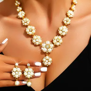 Pearl Bridal Wedding Jewelry Set Sparkly Rhinestones Necklace Earrings Sets Prom Jewelry for Women