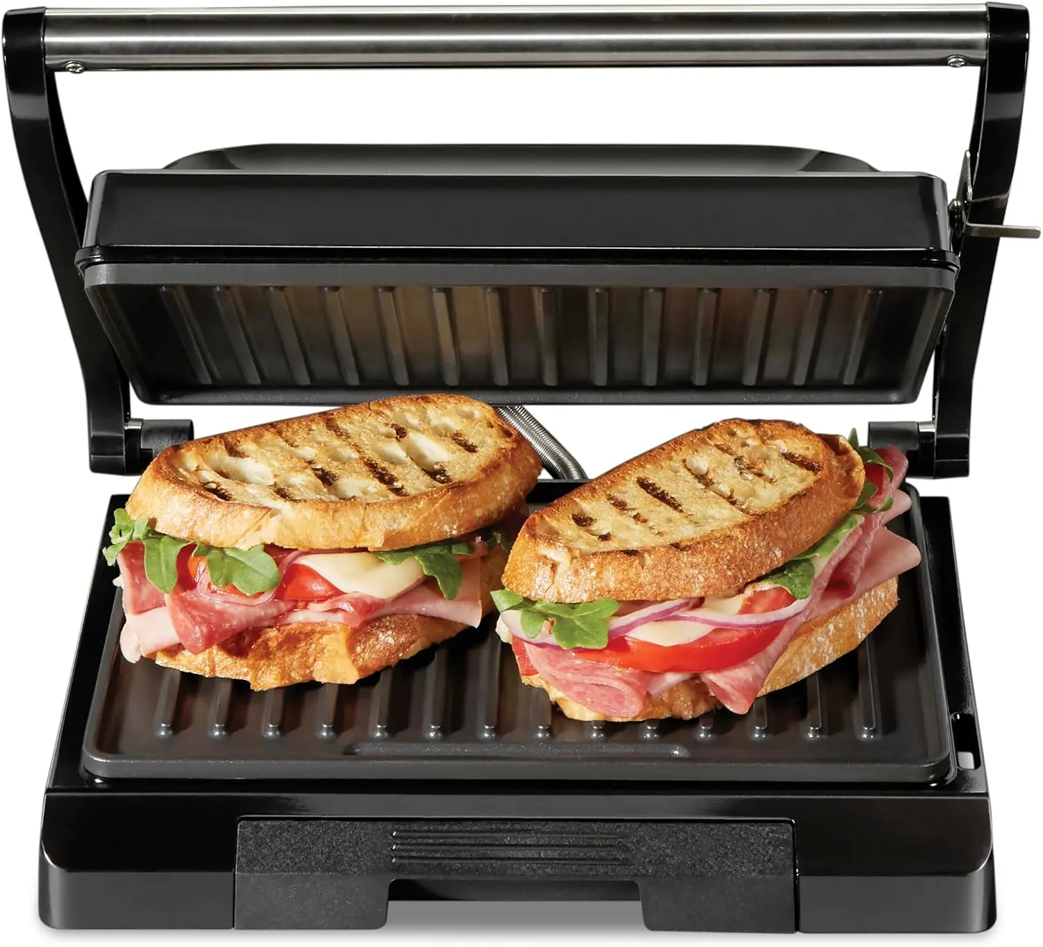 Hamilton Beach Panini Press Sandwich Maker Grill & Electric Indoor Grill | 70 sq. in. Cooking Surface | Easy-Clean PFAS-Free Nonstick Grids | Compact Upright Storage | Indicator Lights | Black