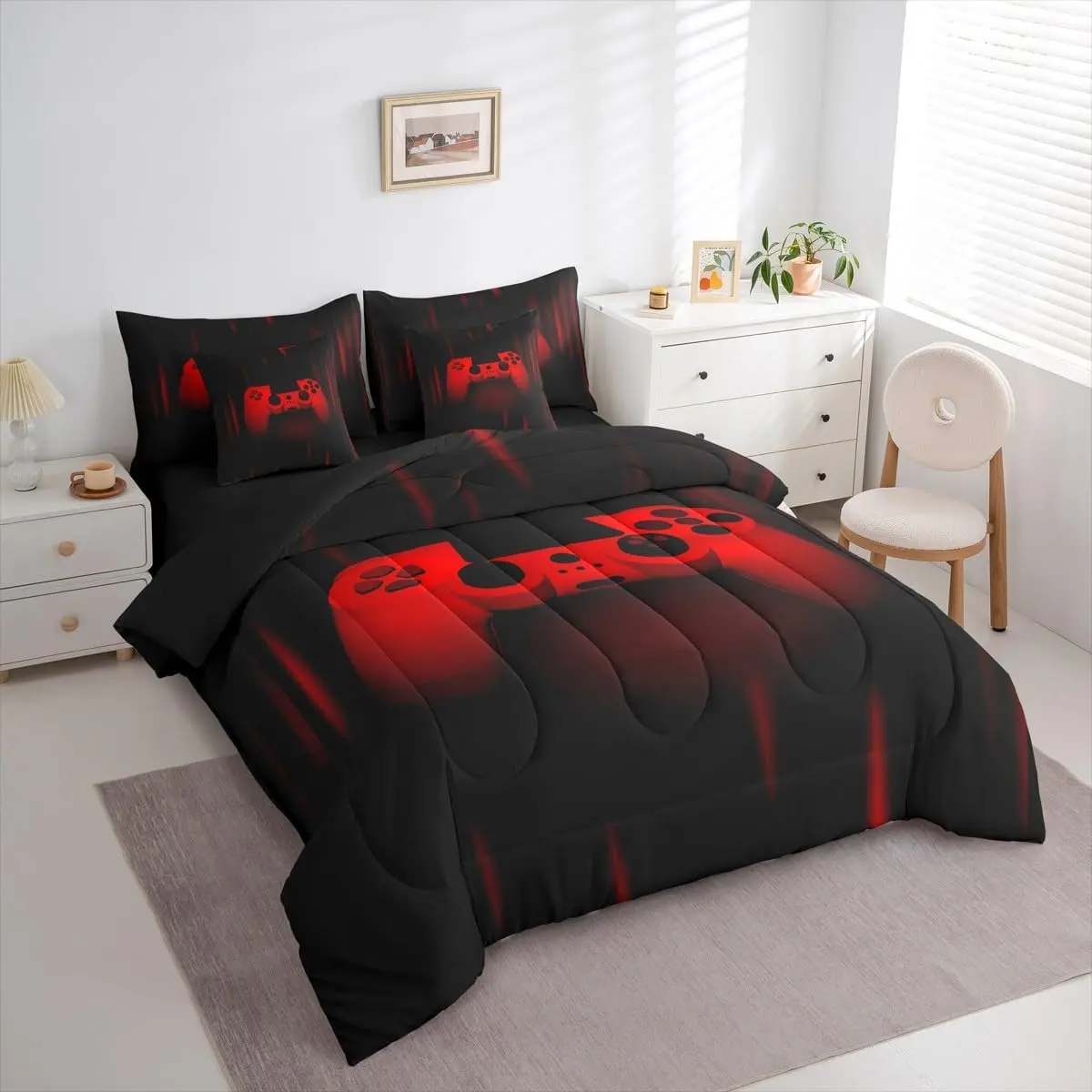 Feelyou Boys' 7-Piece Affordable Microfiber Matching Bedding Set - All Seasons Black & Red Video Gamepad Bed-in-a-Bag with Comforter, Soft Blanket, Cool Breathable Sheets, Pillowcases, Cushion Cover, Bedsheet Sets for Cozy Setup