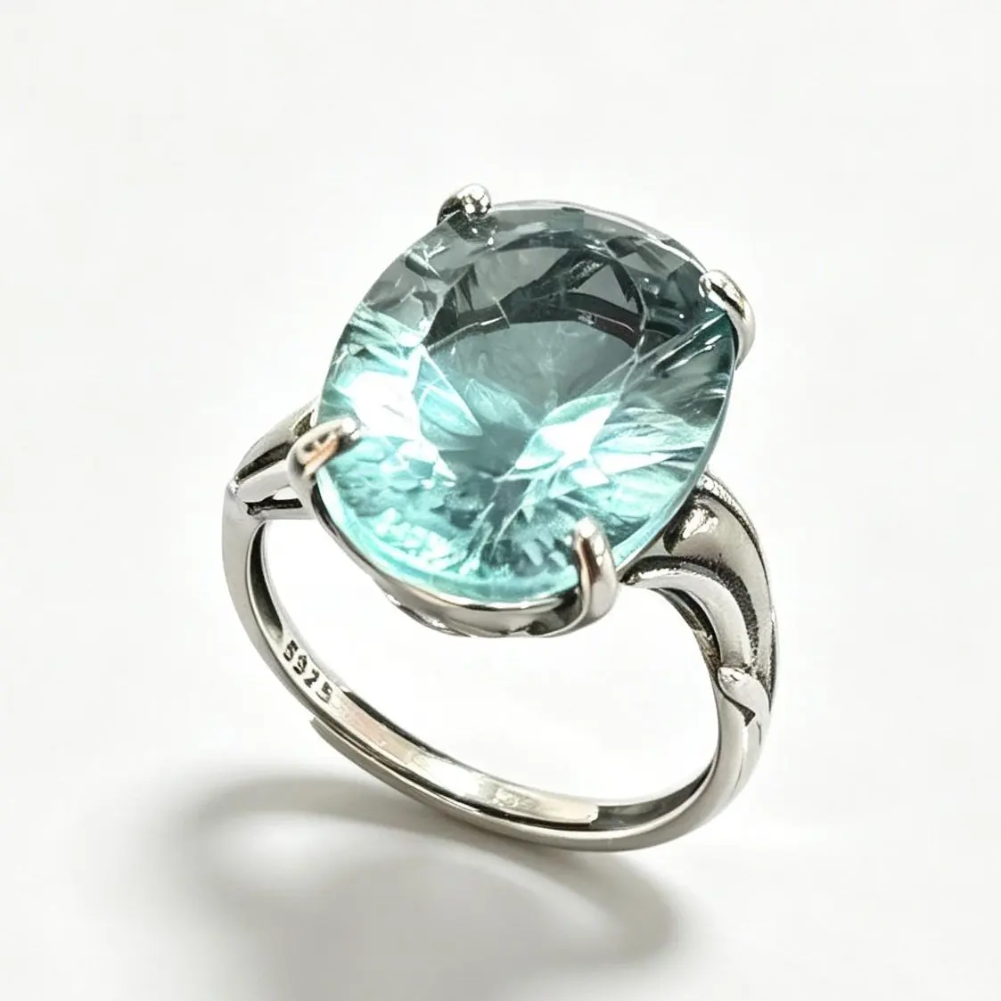 925 Sterling Silver Unisex Handcrafted Oval 16×12mm Natural Green Fluorite Adjustable Statement Ring, Bohemian Ocean Crystal Ring for Anniversary