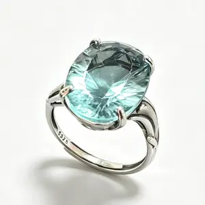 16×12mm Natural Green Fluorite 925 Sterling Silver Adjustable Statement Ring | Ocean Crystal Boho Ring