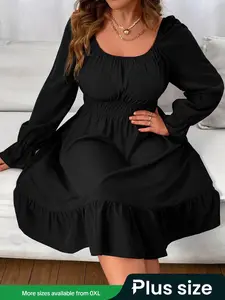 【Plus Size】 Summer Plain Ruched Peplum Hem Flounce Sleeve Dress, Plus Elegant Scoop Neck Long Sleeve A Line Dress for Party Holiday Wedding Guest, Homecoming Dresses, Lady Plus Clothes for Fall & Winter