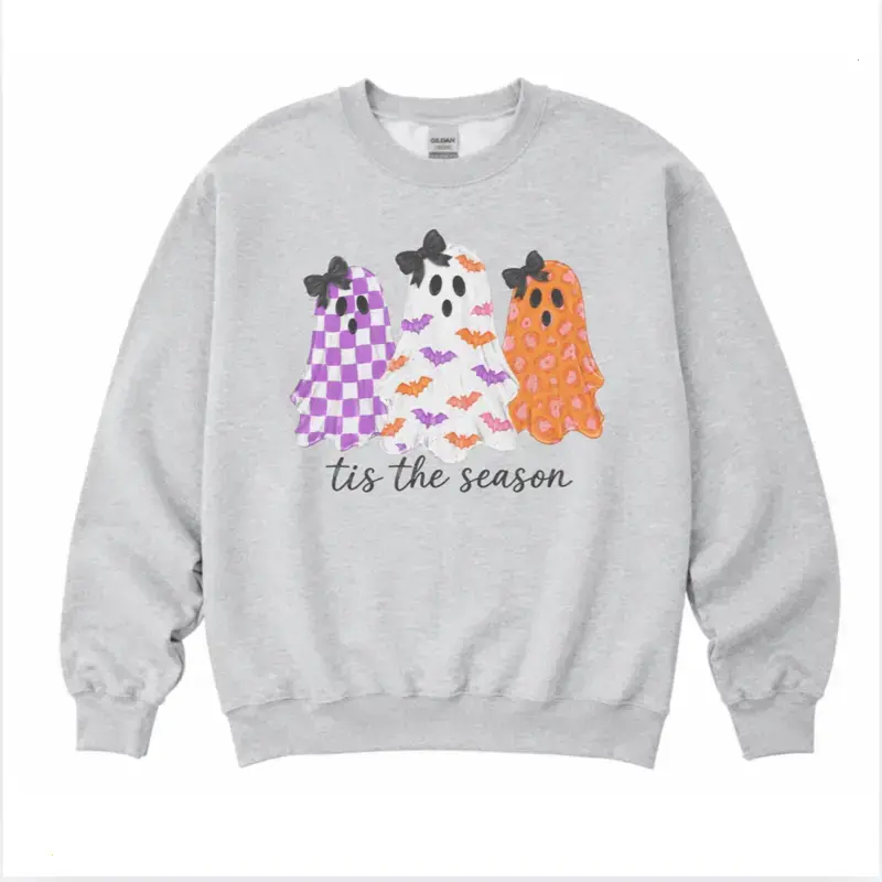 Three Ghost Tis The Season Sweatshirt - Ash Grey - Sublimation - Spooky - Unisex Jersey Sweatshirt Casual Basic